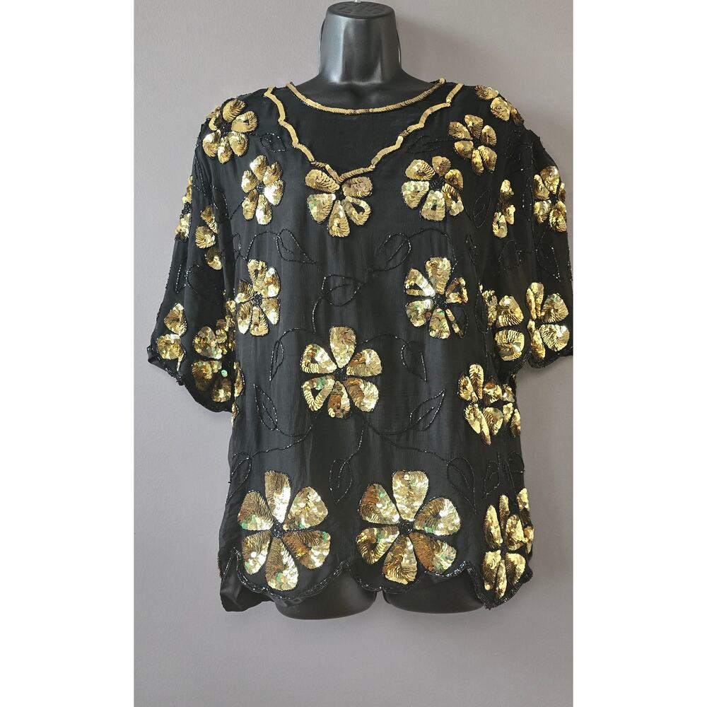 Black Gold Flower Sequin Laurence Kazar Blouse,1X/2x
